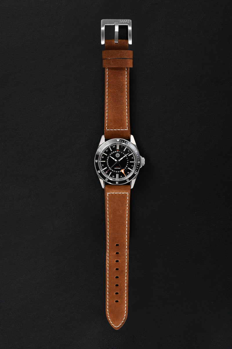 TURRET 300M DIVER GMT -  STEEL BLACK MODEL: TRG-01L (LEATHER/RUBBER STRAPS)